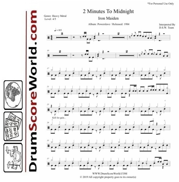 Iron Maiden - 2 Minutes To Midnight - Drum Sheet + Play-Along Track